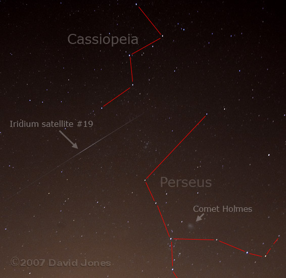 An Iridium satellite passes near to Comet Holmes at 5.31.42pm