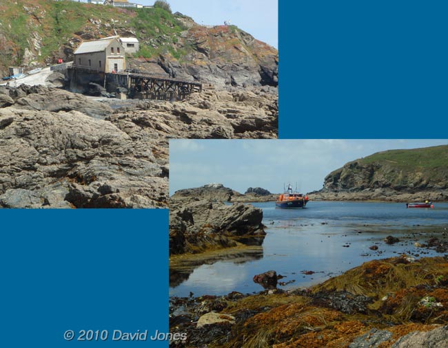 Old lifeboat station and present lifeboat in Polpeor Cove, 14 June