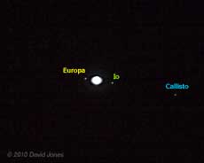 Image showing relative positions of three of the four Galilean moons of Jupiter at 9.40pm, 21 October 2010